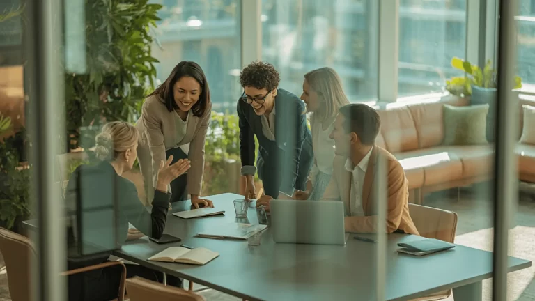 Five business professionals are gathered around a conference table, smiling and engaged in discussion. Laptops, notebooks, and glasses of water are on the table in a modern office with large windows and plants.