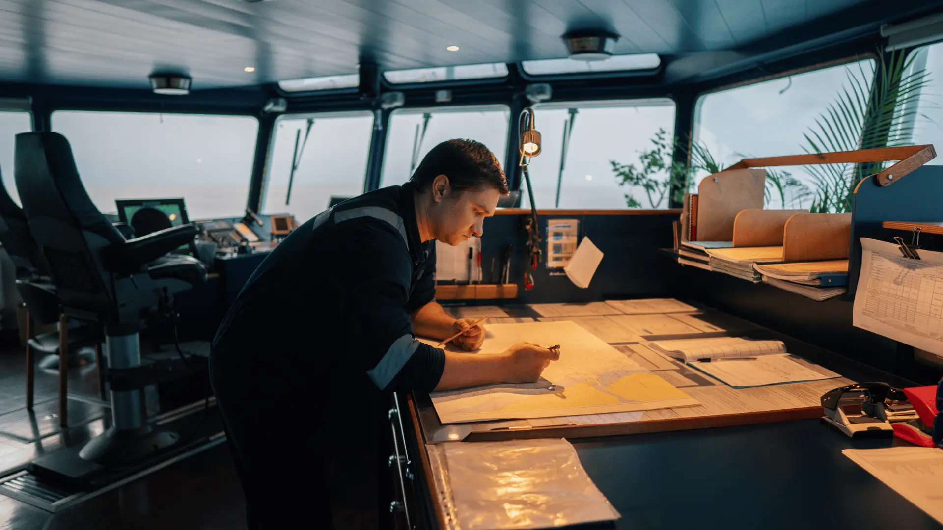 Ship's navigator plotting course at illuminated chart table representing strategic financial blueprint