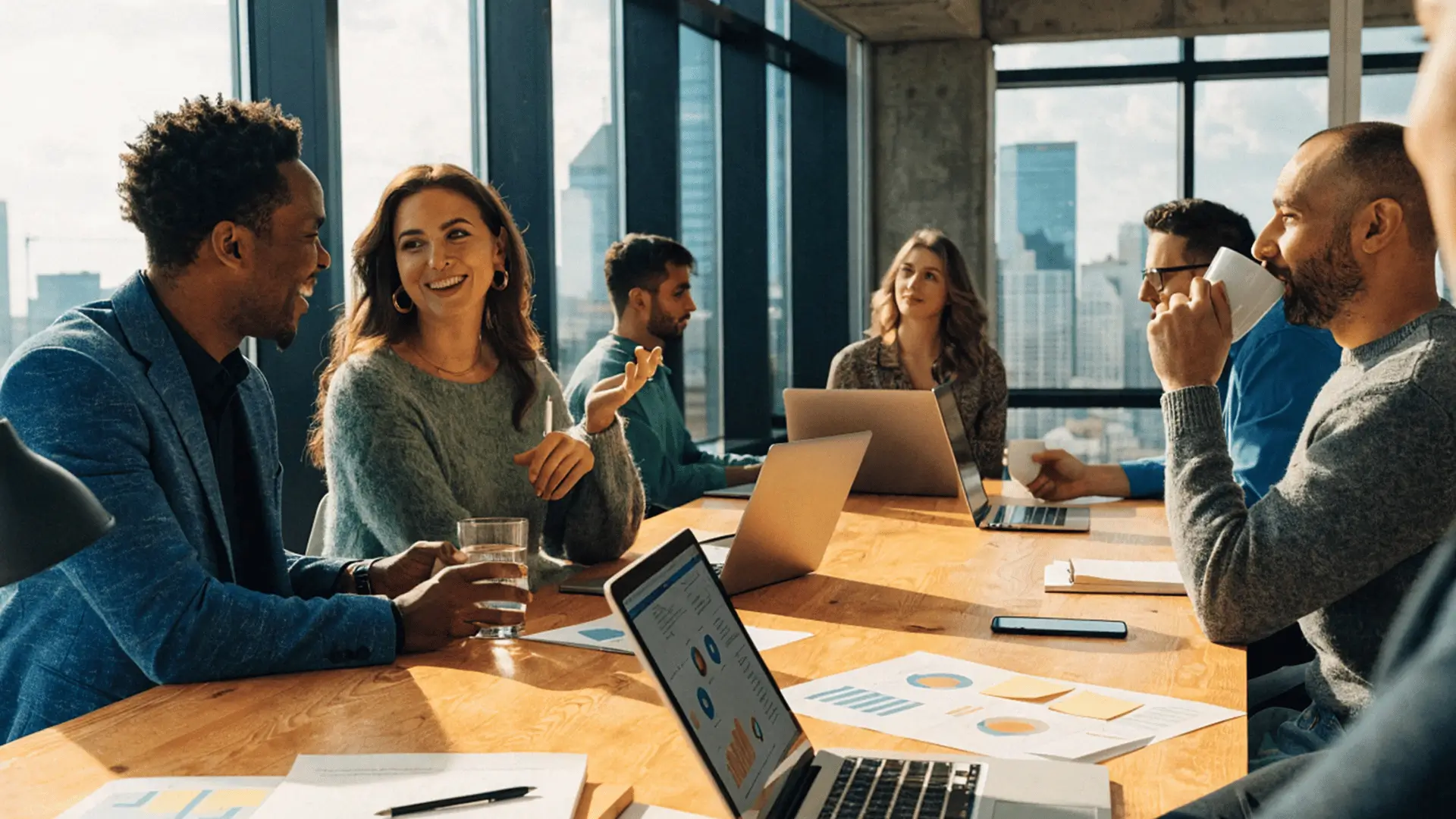 Five diverse professionals engaged in collaborative meeting at conference table with city skyline