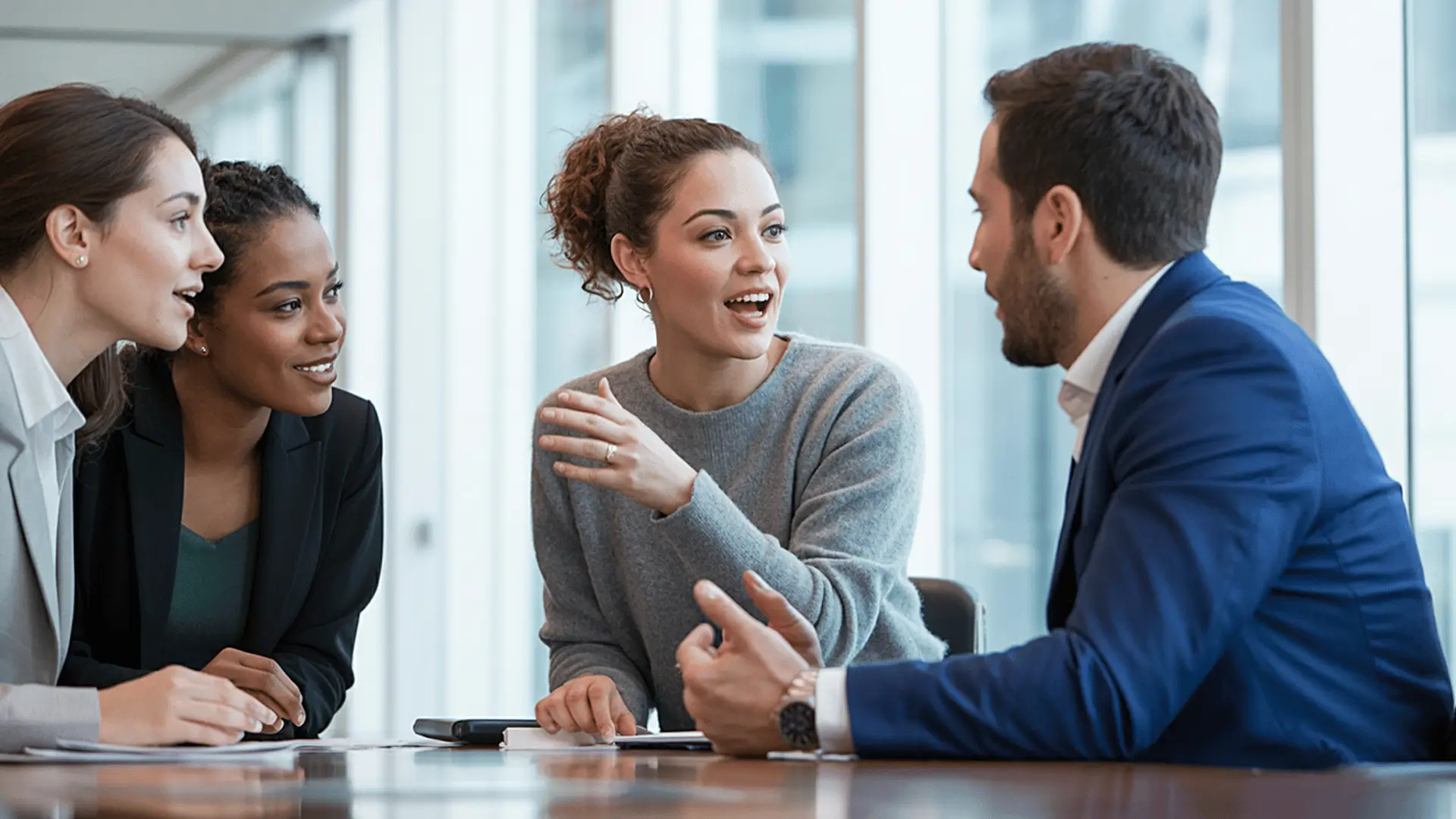 Diverse team of financial advisors in animated discussion at conference table